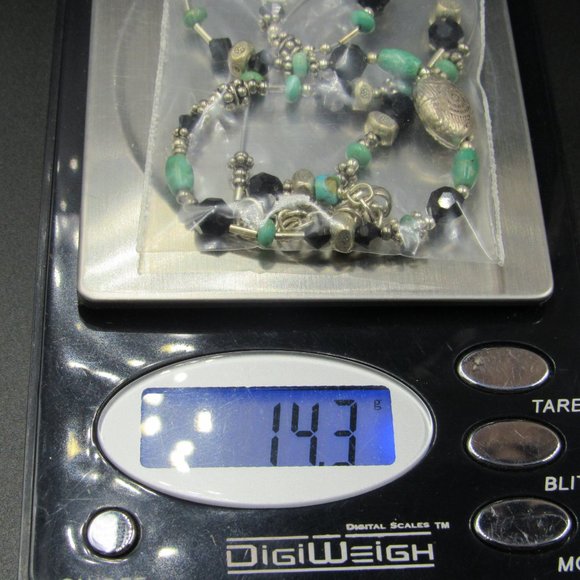 16" Sterling Silver Green & Black Stones Necklace Vintage - Picture 7 of 7